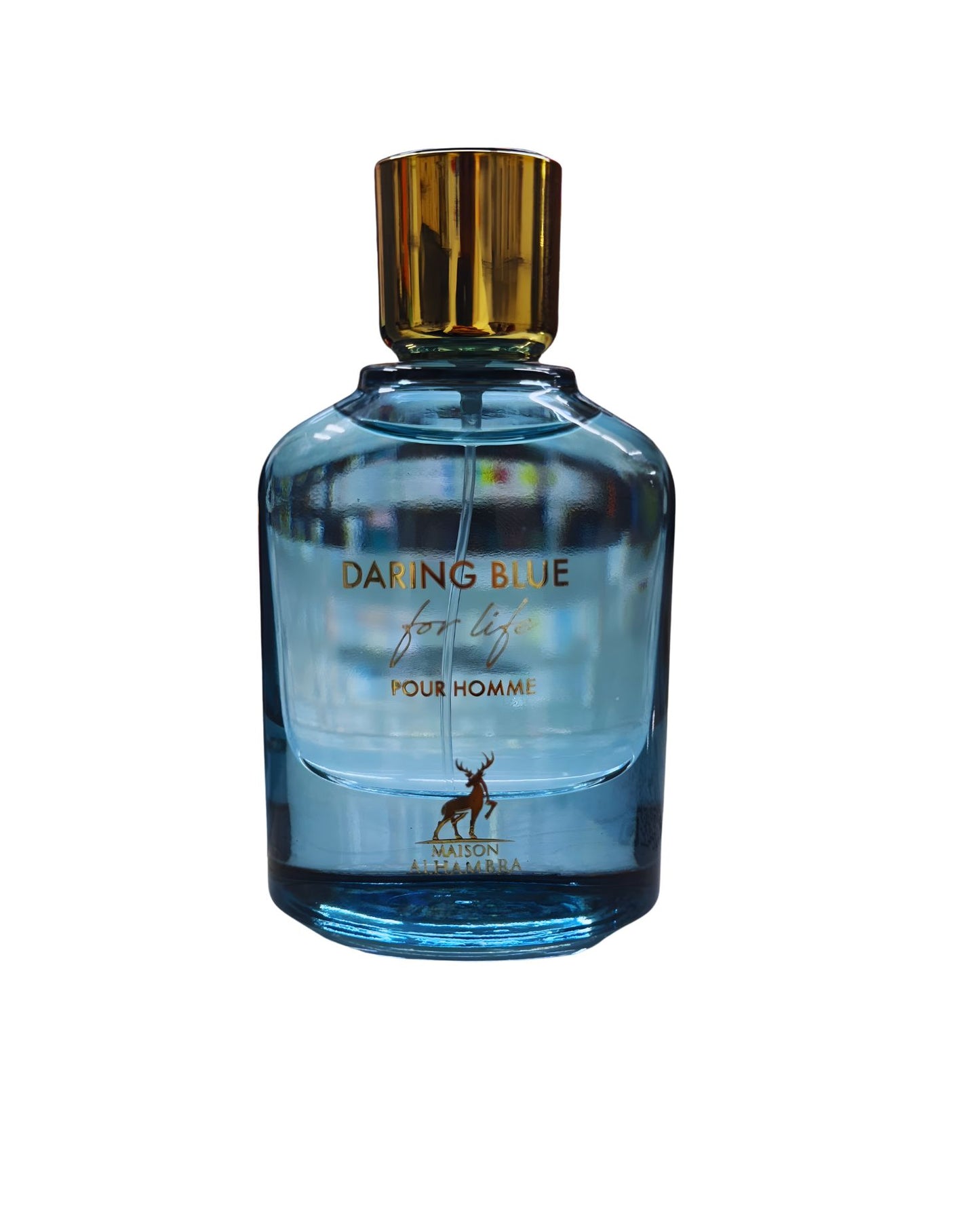 A rounded glass perfume bottle containing a light blue liquid, titled Daring Blue for life Pour Homme Edp in gold text. It features a shiny gold cap and a small gold silhouette of a stag at the bottom, indicating the brand Maison Alhambra.