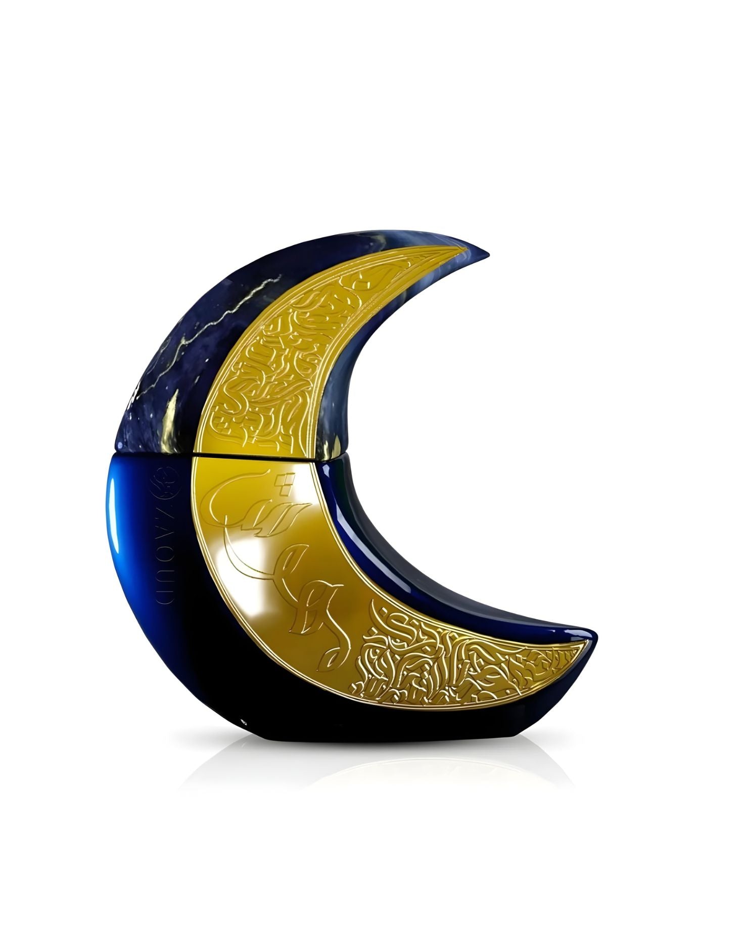 A striking crescent moon-shaped Paris corner mehwise Edp perfume bottle featuring a glossy dark blue base and a blue and yellow marbled top. A large, intricately embossed gold panel with Arabic calligraphy covers the center of the bottle.