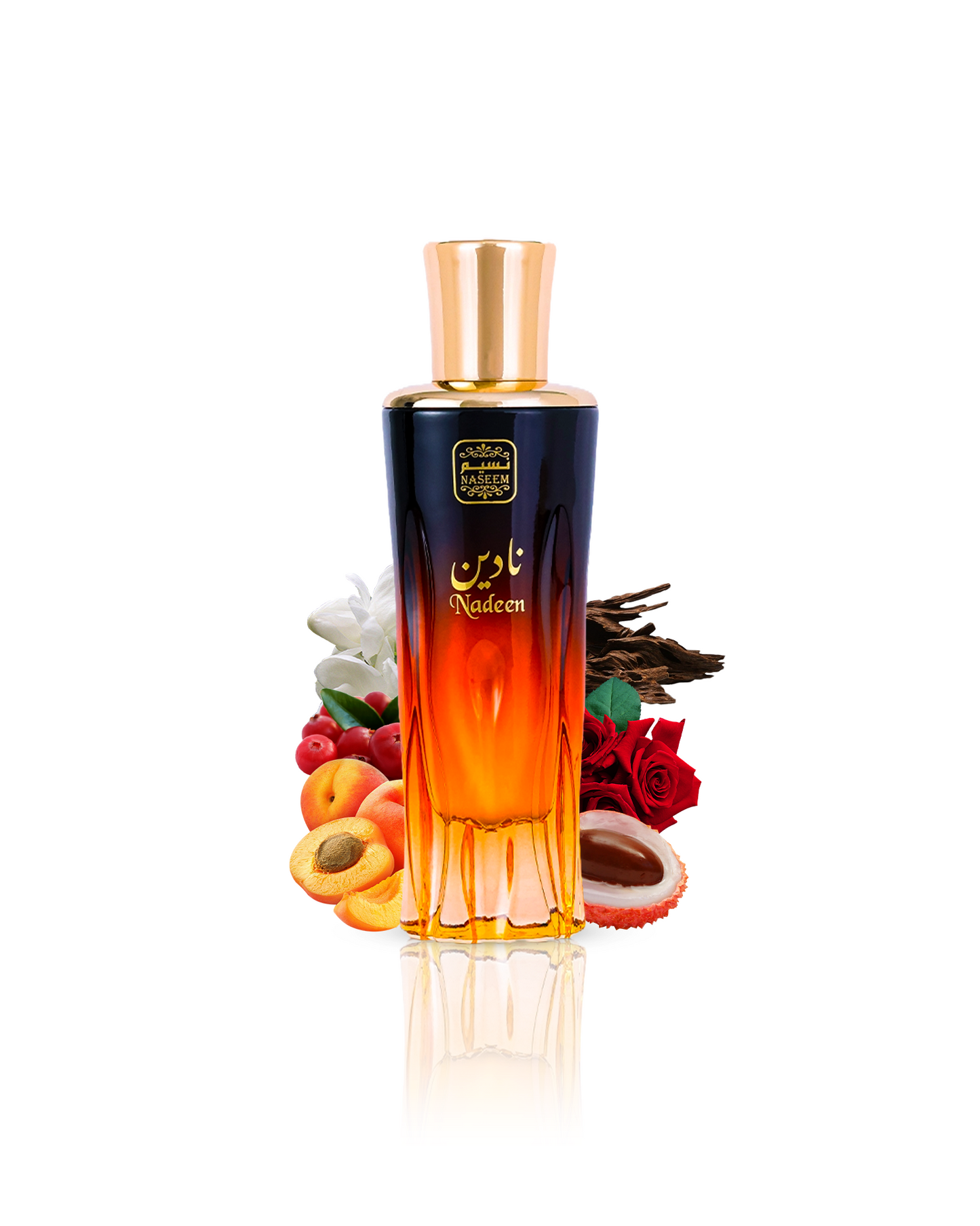 NADEEN Aqua Parfum bottle elegantly surrounded by its key notes of Lychee, Rose, White Musk, and Oud.