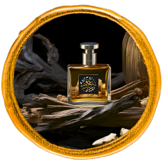 Oud-scented perfume bottle displayed atop a piece of oud wood, set against a black background.