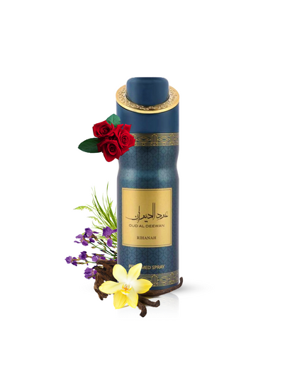 Oud al Deewan deodorant Bottle showcased amidst its captivating ingredients of Oud saffron and vanilla..