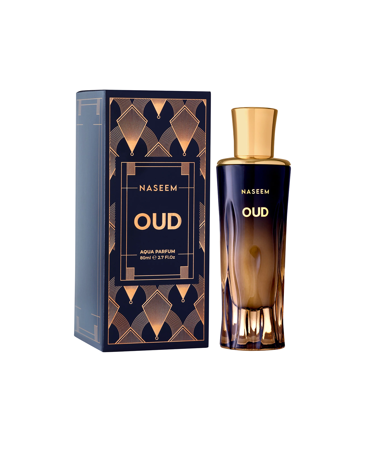 Oud perfume bottle along with its box set against a white background.