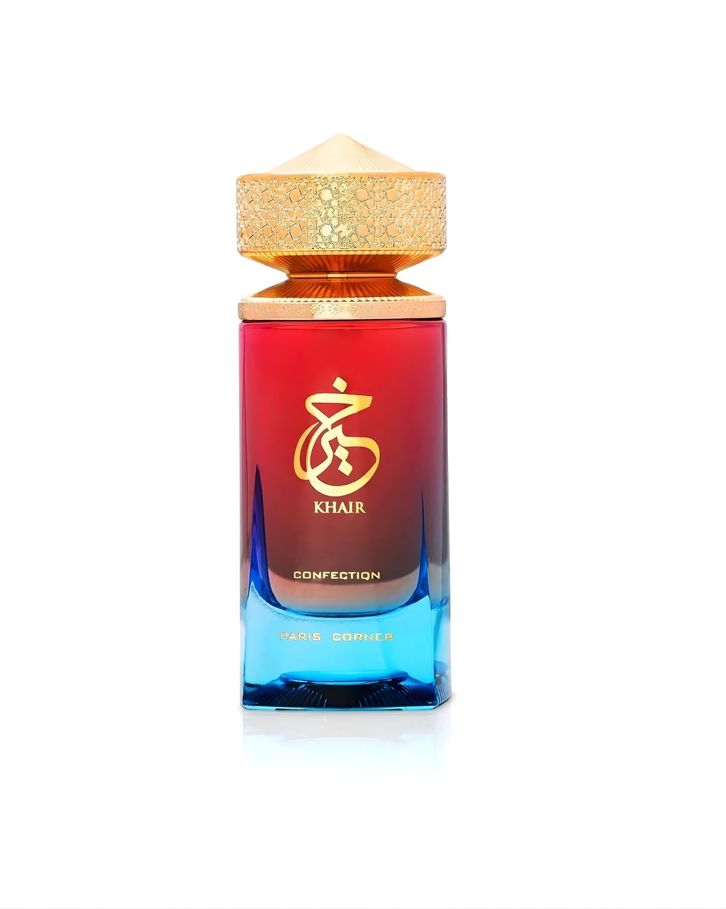 Perfume bottle for Paris Corner Khair Confection with a red-to-blue gradient glass body and a textured gold cap.