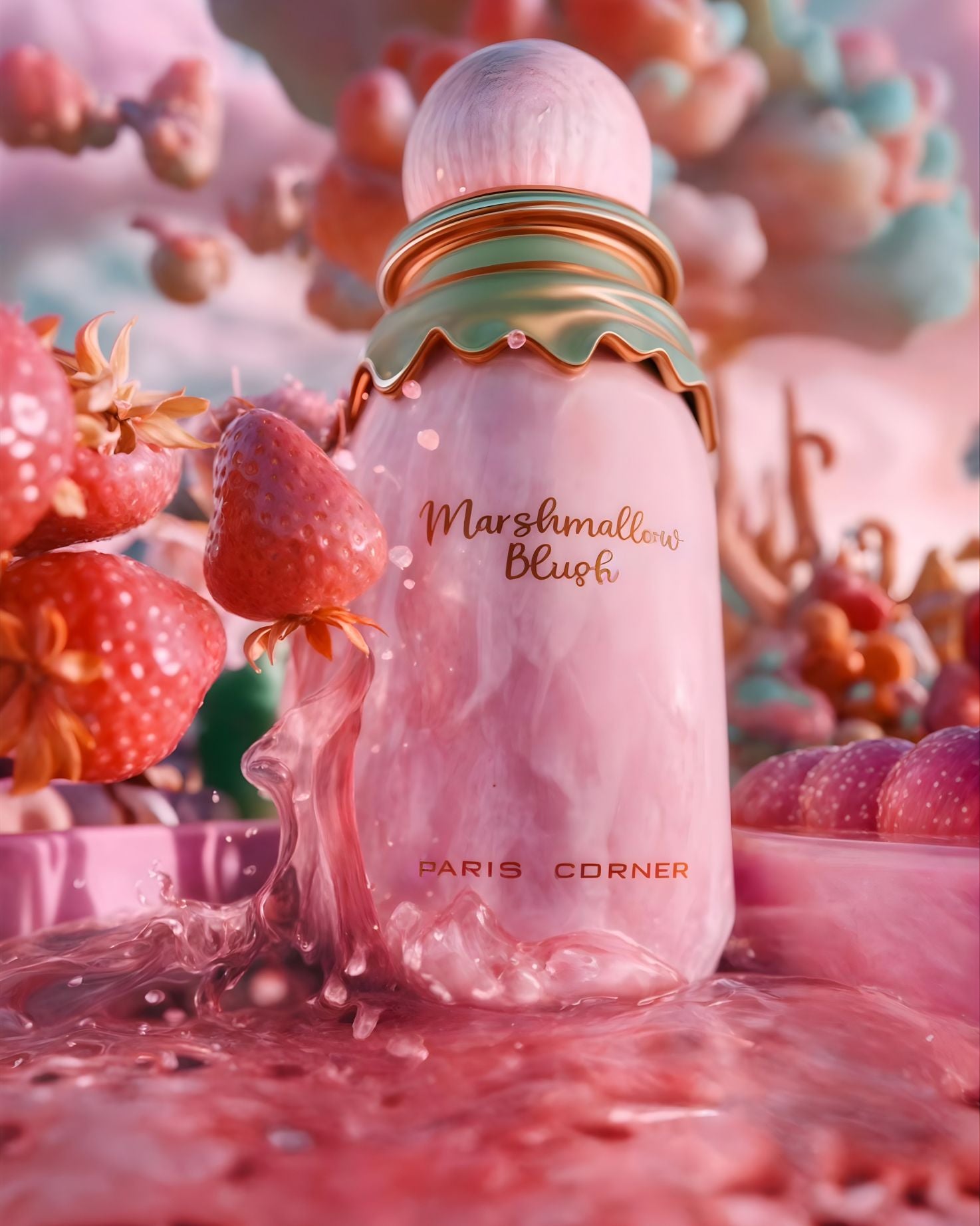 A close-up, promotional image of the pink and white marbled Paris Corner Marshmallow Blush Edp perfume bottle, sitting in a vibrant pink liquid splash with whole strawberries surrounding it. The setting has a whimsical, colorful, and dreamy background suggesting a sweet, fruity fragrance.