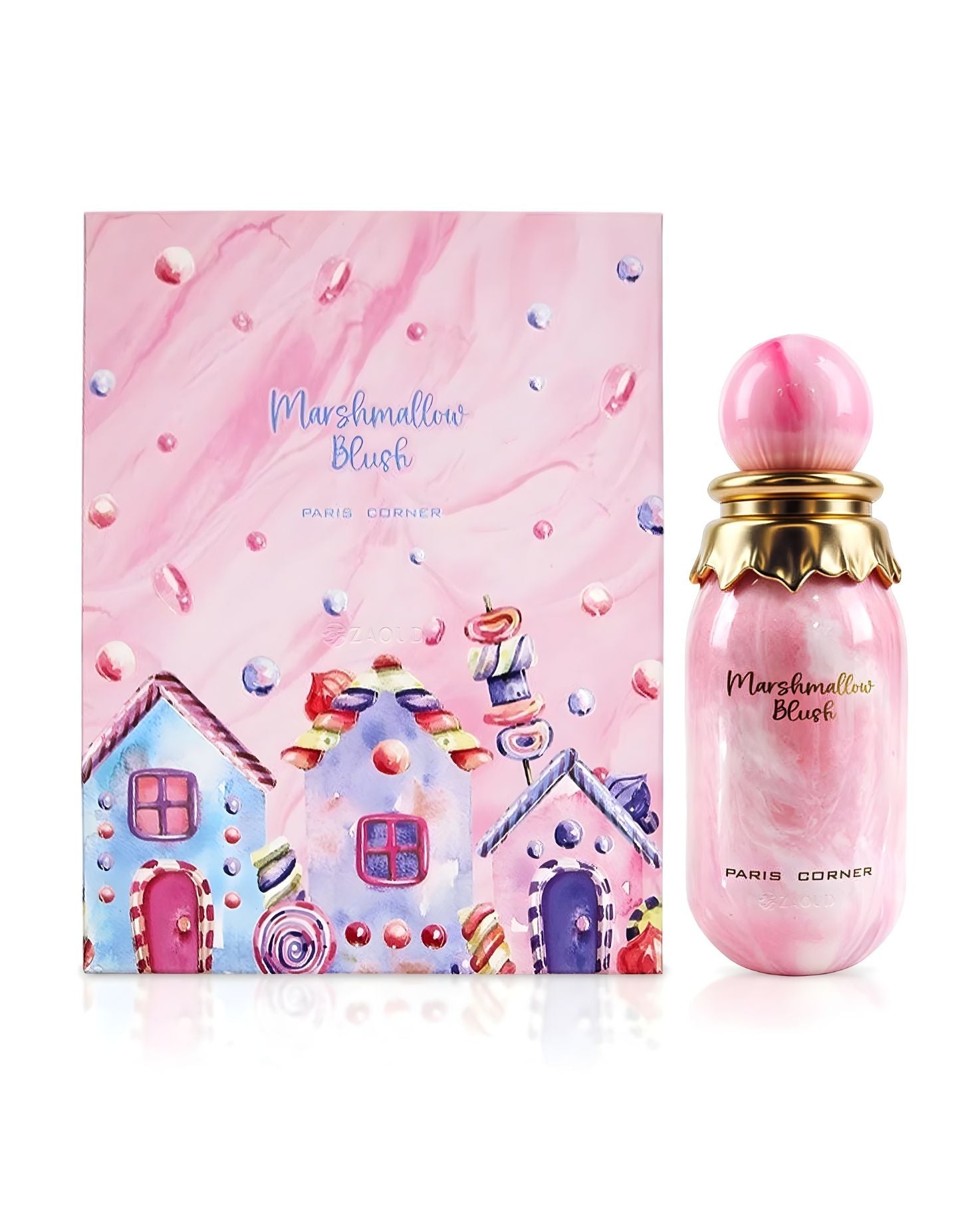 A box featuring the Paris Corner Marshmallow Blush Edp perfume bottle and its corresponding box. The box is pink and white marbled with a watercolor illustration of colorful gingerbread-style candy houses and scattered marshmallows. The perfume bottle is pink marbled with a gold scalloped collar and a round pink cap.