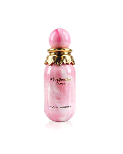 A pink and white marbled perfume bottle with a round, marbled pink cap. The bottle has a gold scalloped collar and features the text Marshmallow Blush Edp in cursive and PARIS CORNER below it.