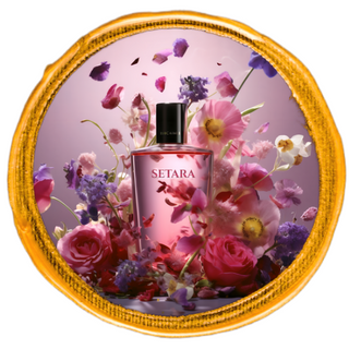 Perfume bottle centrally positioned amid a plethora of blossoming flowers, with floral leaves swirling around it.