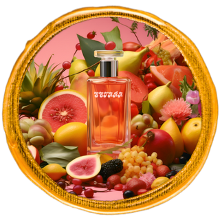Perfume bottle encircled by an assorted variety of fruits.