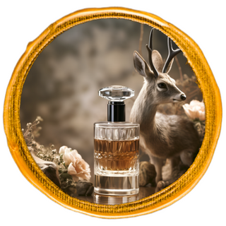 Perfume bottle positioned on the centre, accompanied by a flower, and standing a deer on the right in the background.