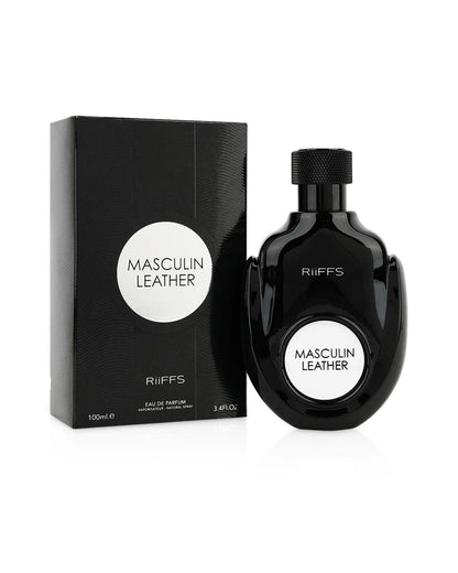RIFFS Masculin Leather Edp, shown with its black packaging box and matching glossy black bottle. The box is black with a textured, subtle wave pattern and features a white circle with 'MASCULIN LEATHER' printed in black. The bottle has a black, textured cap, and a matching white circular label on the front. '100ml.e' and '3.4 Fl.Oz' are visible on the bottom of the box.