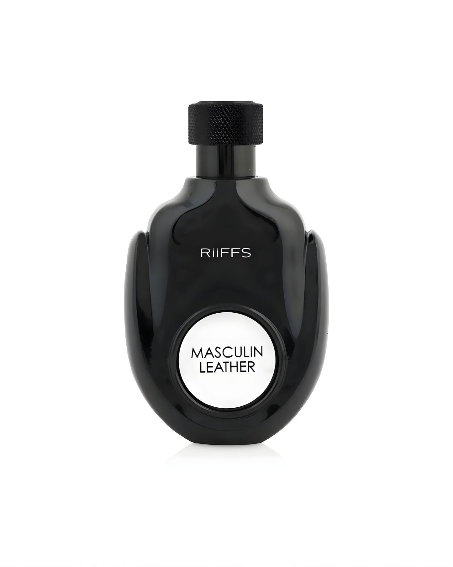 A glossy, black, ergonomically shaped perfume bottle by RIFFS, featuring a textured black cap. A white circular label on the front reads MASCULIN LEATHER edp in black capital letters. The bottle is photographed against a bright white background.