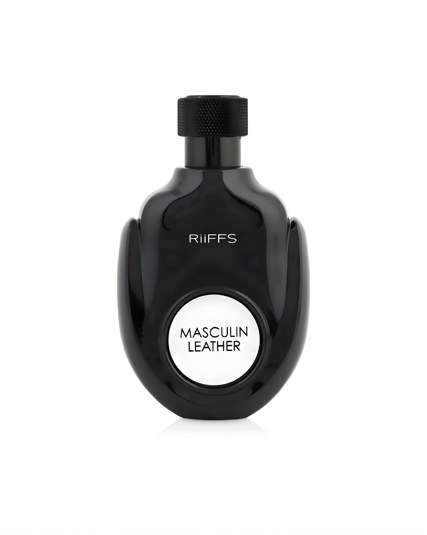 A glossy, black, ergonomically shaped perfume bottle by RIFFS, featuring a textured black cap. A white circular label on the front reads MASCULIN LEATHER edp in black capital letters. The bottle is photographed against a bright white background.
