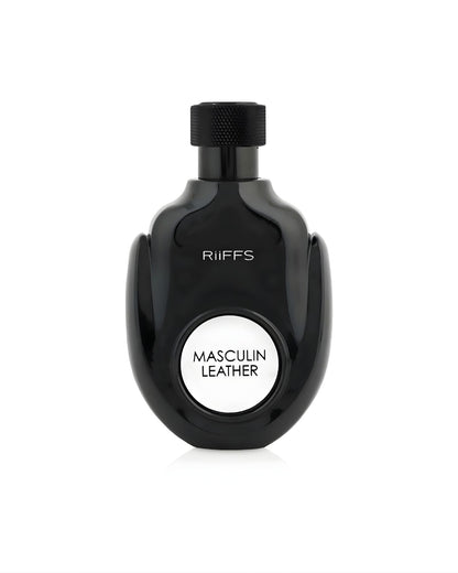A glossy, black, ergonomically shaped perfume bottle by RIFFS, featuring a textured black cap. A white circular label on the front reads MASCULIN LEATHER edp in black capital letters. The bottle is photographed against a bright white background.