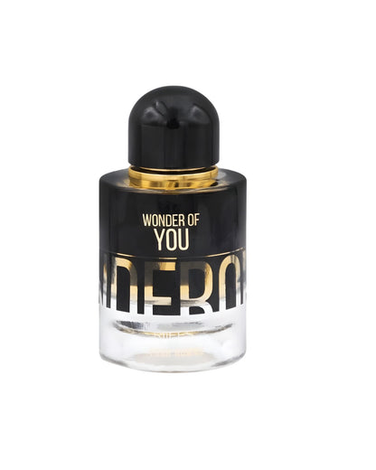 A short, cylindrical perfume bottle by RIFFS, with a black and clear glass design and gold accents. The upper black section features WONDER OF YOU POUR HOMME EDP in white text, while large gold and black letters spelling 'WONDER' wrap around the body. It has a smooth, rounded black cap with a gold ring at the base.