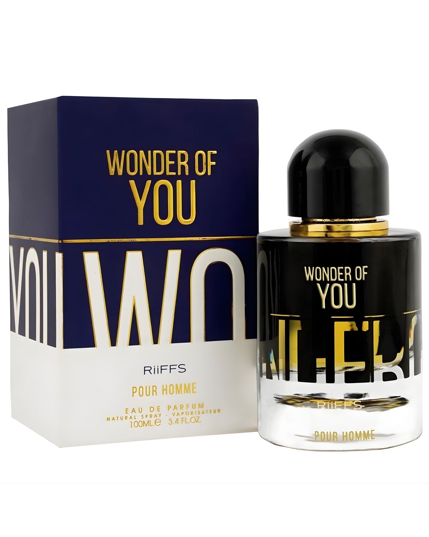 RIIFFS Wonder of You Pour Homme EDP bottle next to its packaging box. The box is dark blue and white, with 'WONDER OF YOU' in gold letters and 'POUR HOMME' on the white section. The cylindrical bottle has a black and clear glass design with gold accents, and features 'WONDER OF YOU' and 'POUR HOMME' on the label. The volume is 100ml or 3.4 Fl.Oz.