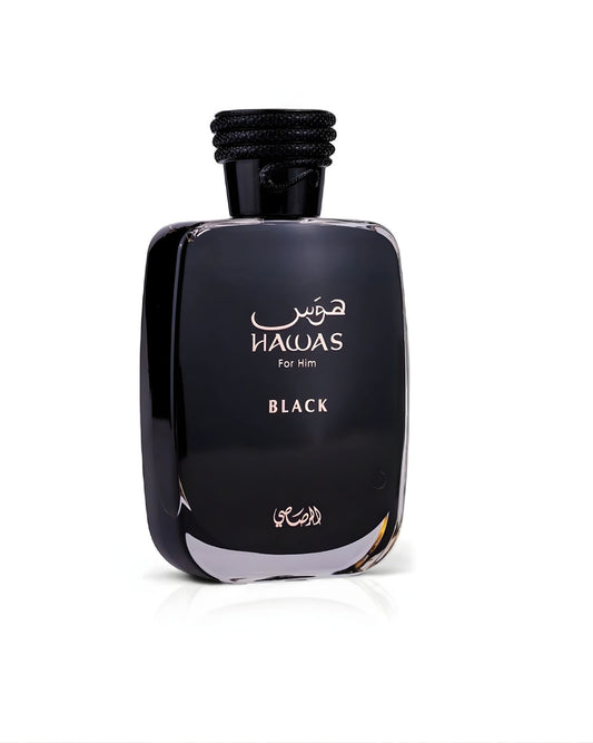 A glossy black, square perfume bottle for Rasasi Hawas Black For Him EDP with gold Arabic and English text, and a braided black cap. The bottle is isolated on a white background.