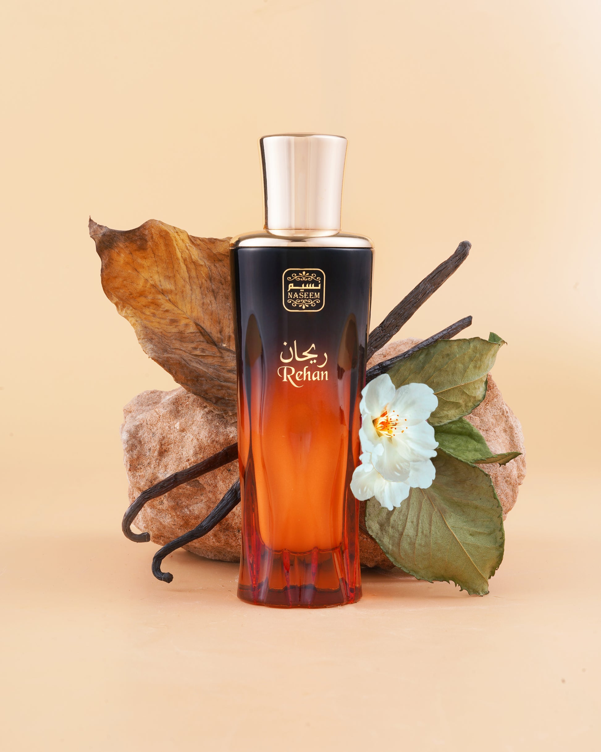 Rehan aqua parfum showcase in warm background with vanilla and white flower.