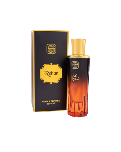 Rehan aqua parfum bottle along with its box set against a white background.