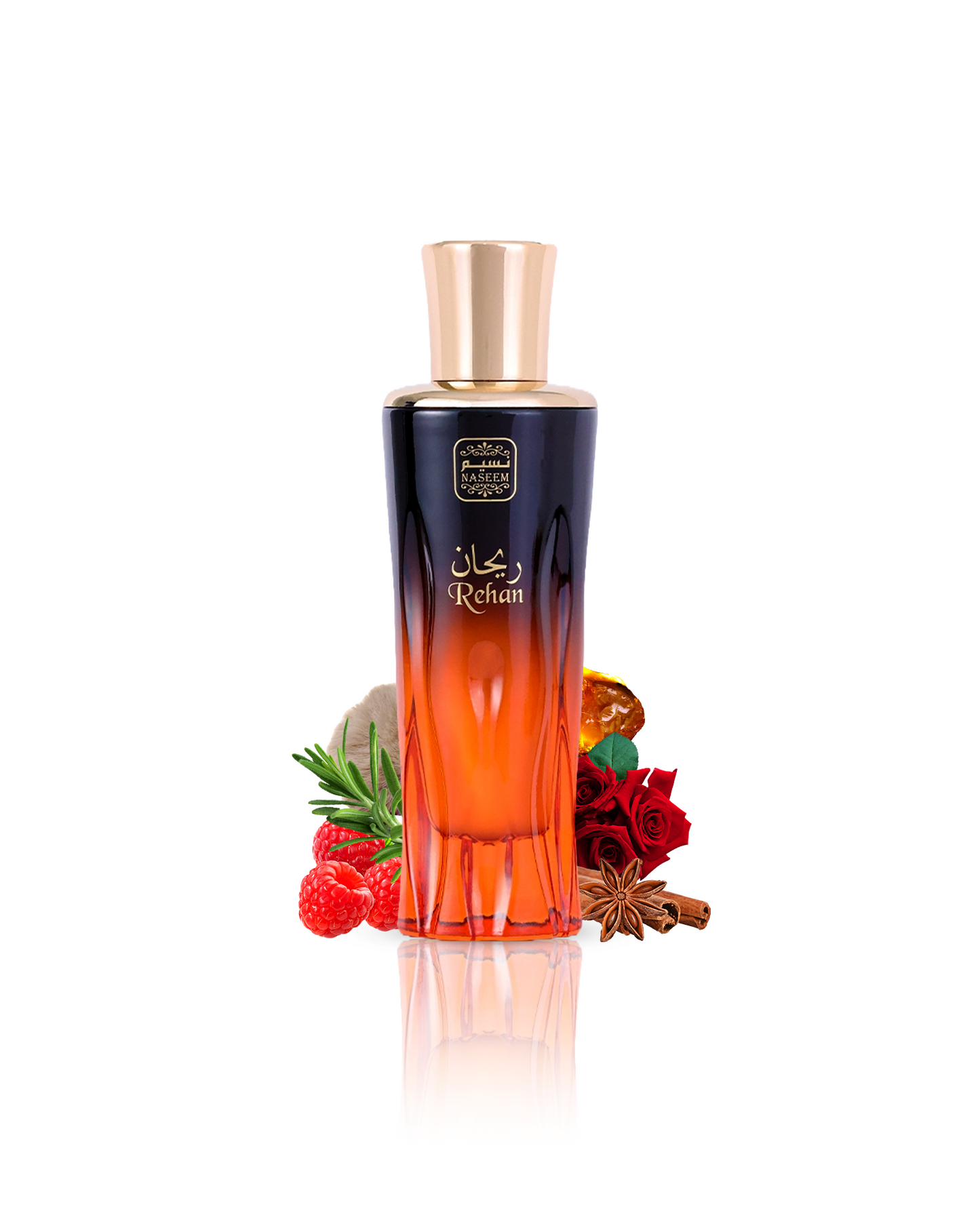 Rehan aqua parfum bottle elegantly surrounded by its key ingredients Raspberry, Anise, Amber, and Musk.