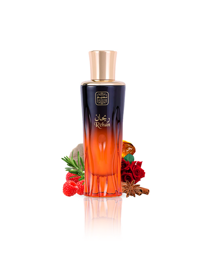 Rehan aqua parfum bottle elegantly surrounded by its key ingredients Raspberry, Anise, Amber, and Musk.