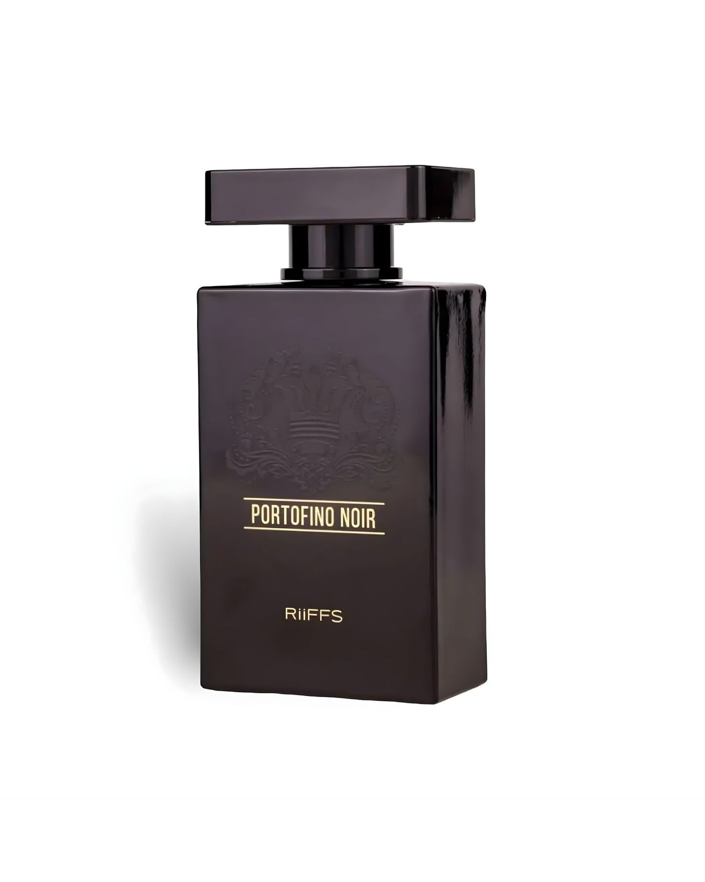 A sleek, entirely black perfume bottle for Portofino Noir edp by Riiffs, featuring a flat, square cap and gold lettering.