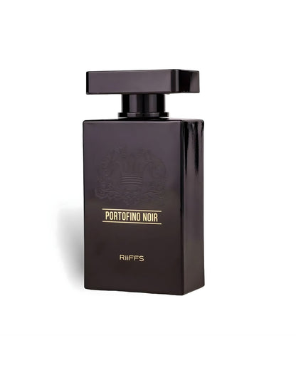 A sleek, entirely black perfume bottle for Portofino Noir edp by Riiffs, featuring a flat, square cap and gold lettering.
