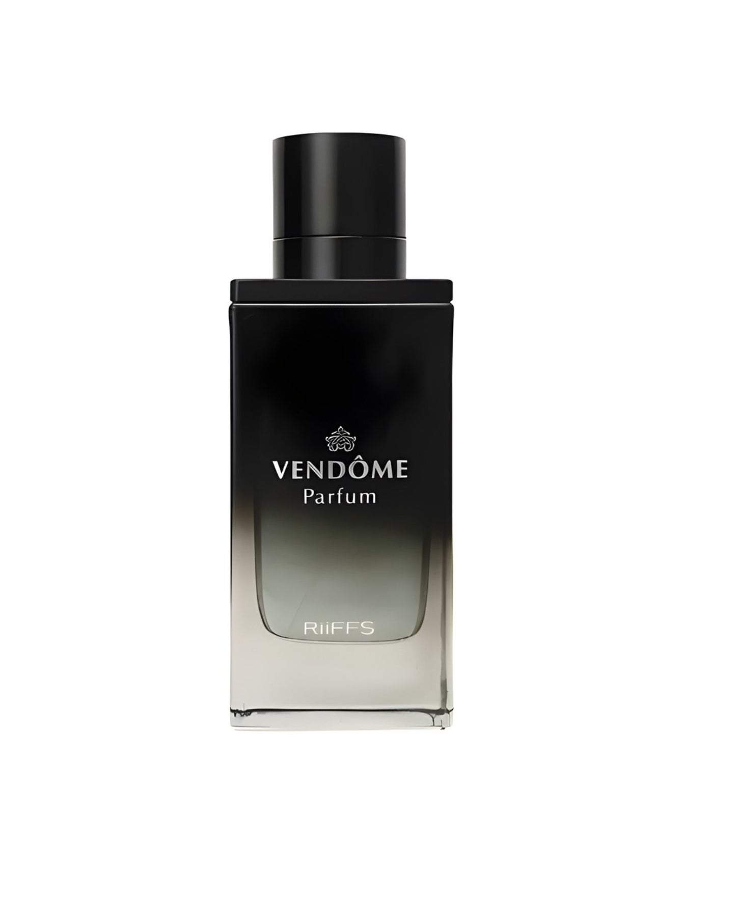 Riiffs Vendôme Eau De Parfum in a square, opaque black bottle fading to clear glass at the bottom.