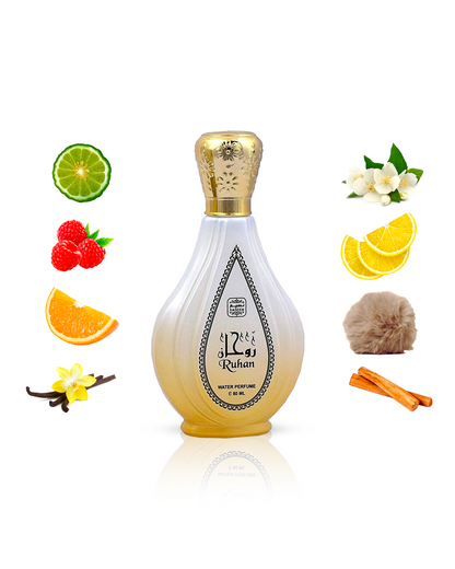 Ruhan perfume bottle beautifully showcased, surrounded by its signature notes of Lemon, Vanilla, Musk, and Jasmine.