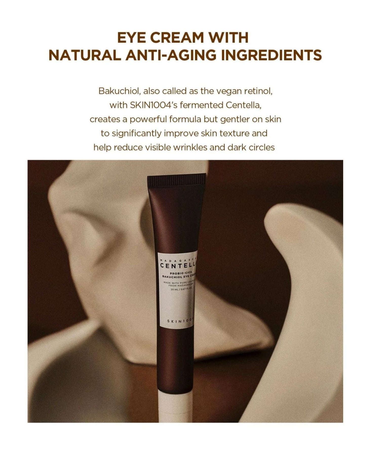 SKIN1004 Madagascar Centella Probio-Cica Bakuchiol Eye Cream in a vertical dark brown tube with a white base and cap, presented on a pure white background.