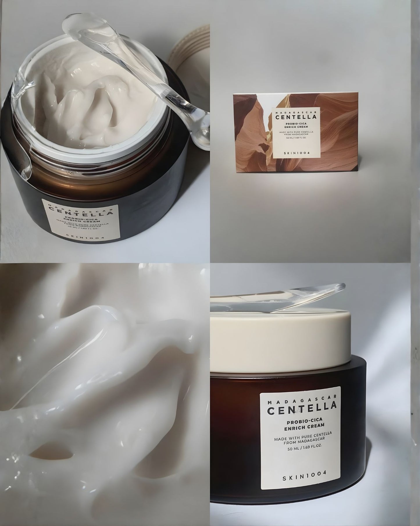 SKIN1004 Madagascar Centella Probio-Cica Enrich Cream collage showing: the creamy texture with a spatula, a close-up of the rich cream surface, the dark jar packaging, and the product box.