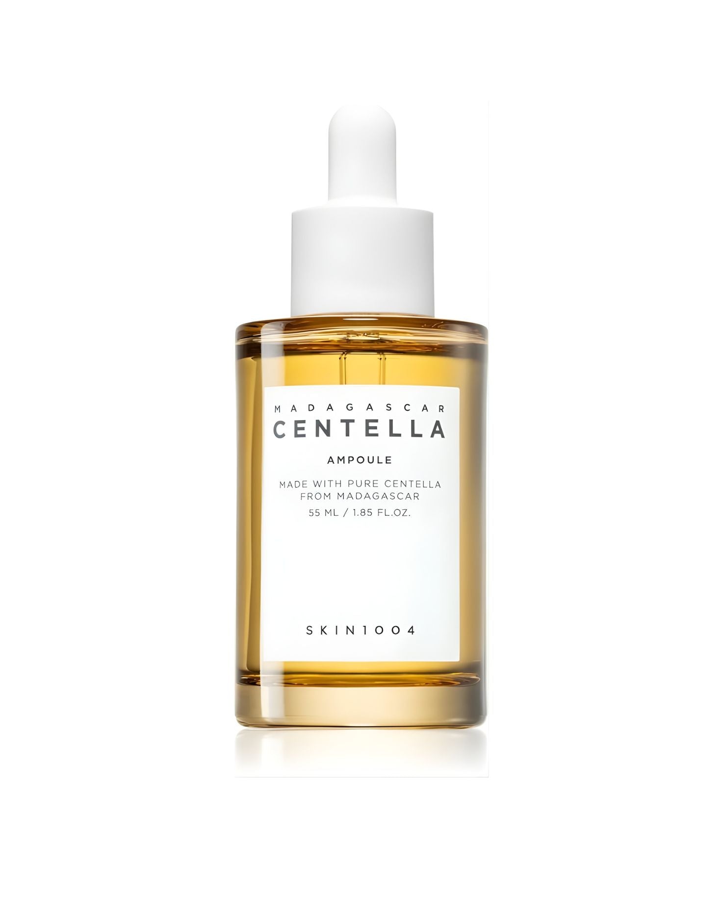 SKIN1004 Madagascar Centella Ampoule in a clear glass dropper bottle with a white cap, showcasing the light amber liquid inside. The label states: "MADAGASCAR CENTELLA AMPOULE MADE WITH PURE CENTELLA FROM MADAGASCAR 55 ML / 1.85 FL.OZ. SKIN1004.