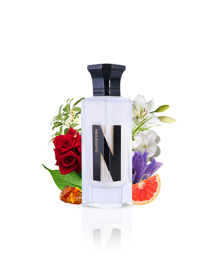 SUMMER-69 perfume bottle encircled by Jasmine, Rose, Lily of the Valley, musk, and a bouquet of assorted flowers.