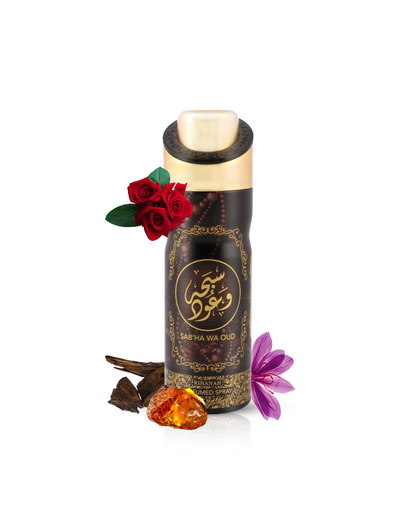 Sabha wa Oud deodorant Bottle showcased amidst its captivating ingredients of Oud and Amber.