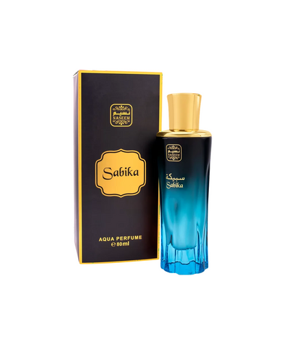 Sabika perfume bottle along with its box set against a white background.