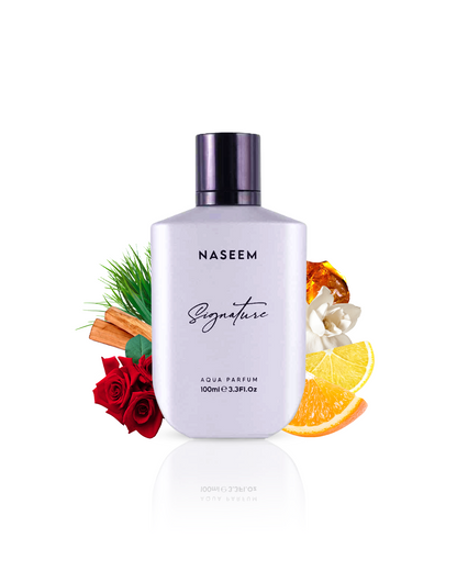 Signature perfume bottle showcased amidst its unique blend of ingredients including Lime, Vetiver, Sandalwood, Amber, and Musk.