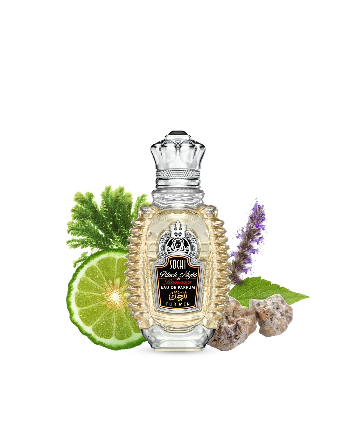 Sochi Black Night Romance perfume bottle enveloped by Ambergris, Lavender, and Citrus elements.