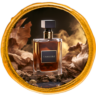 Tobacco-scented perfume bottle encircled by tobacco leaves, set against a dark background with wafts of smoke.