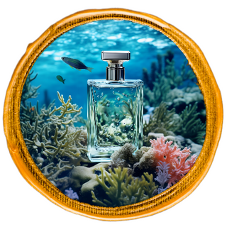 Transparent perfume bottle submerged in sea water, surrounded by underwater plants and small fish in the background.