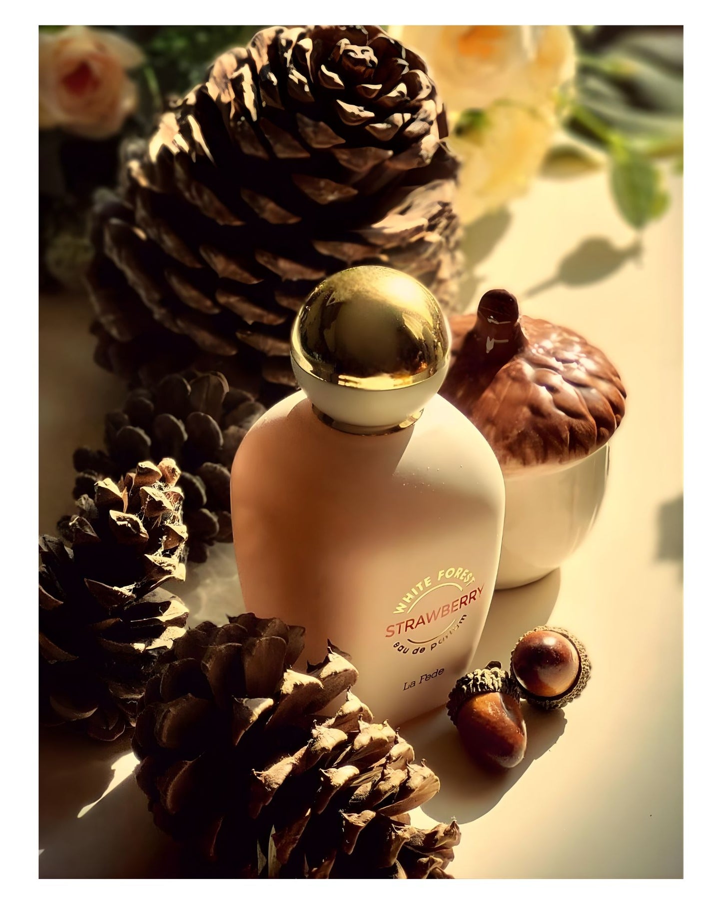 A close-up, warmly lit product photo of the La Fede White Forest Strawberry perfume bottle, with a gold dome cap, surrounded by several large pinecones, small acorns, a ceramic acorn-shaped jar, and blurred white and pink flowers in the background.