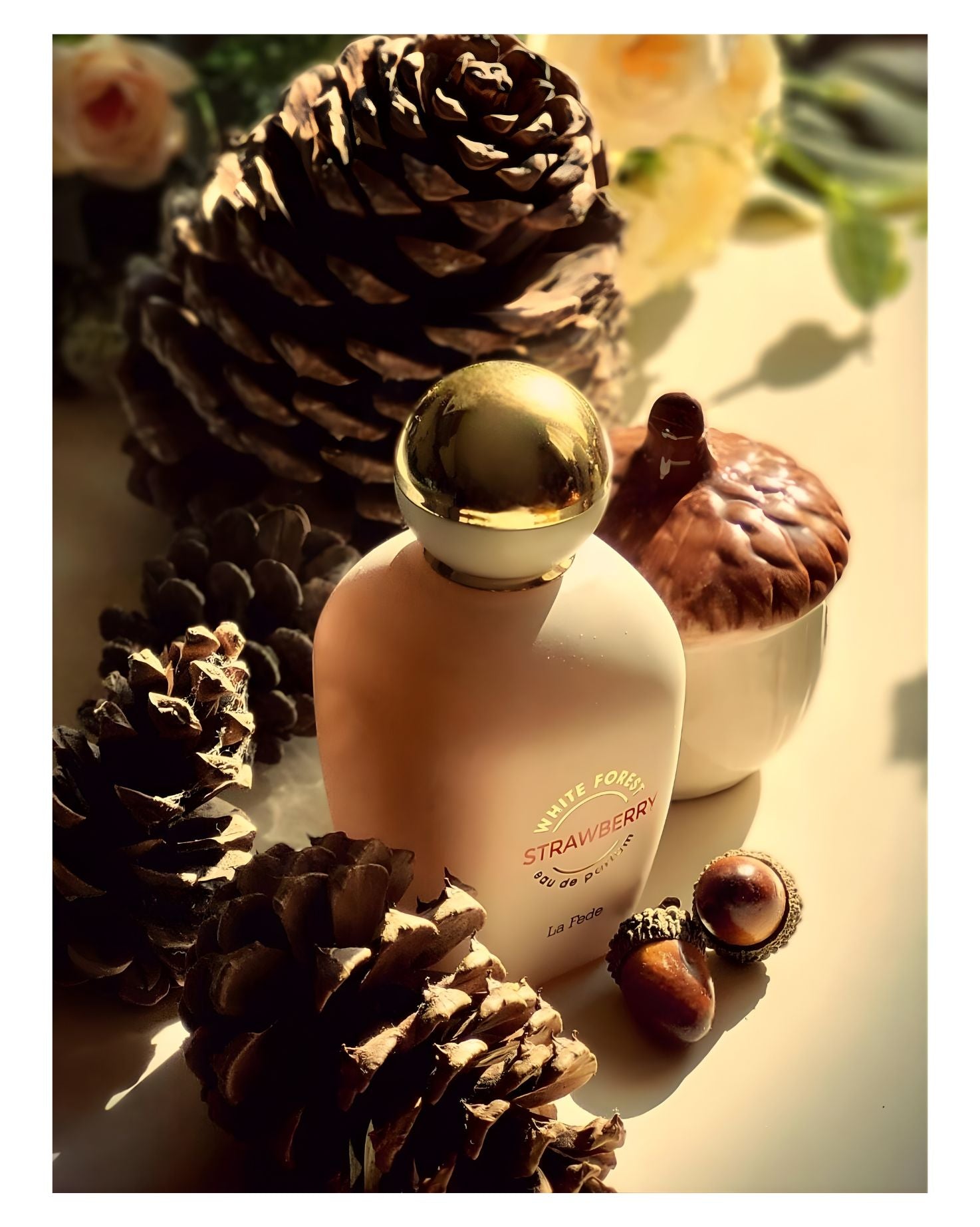 A close-up, warmly lit product photo of the La Fede White Forest Strawberry perfume bottle, with a gold dome cap, surrounded by several large pinecones, small acorns, a ceramic acorn-shaped jar, and blurred white and pink flowers in the background.