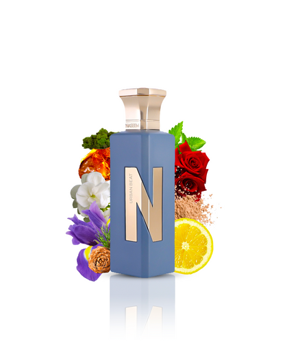 Urban Beat perfume bottle encircled by moss, amber, and a variety of flowers.