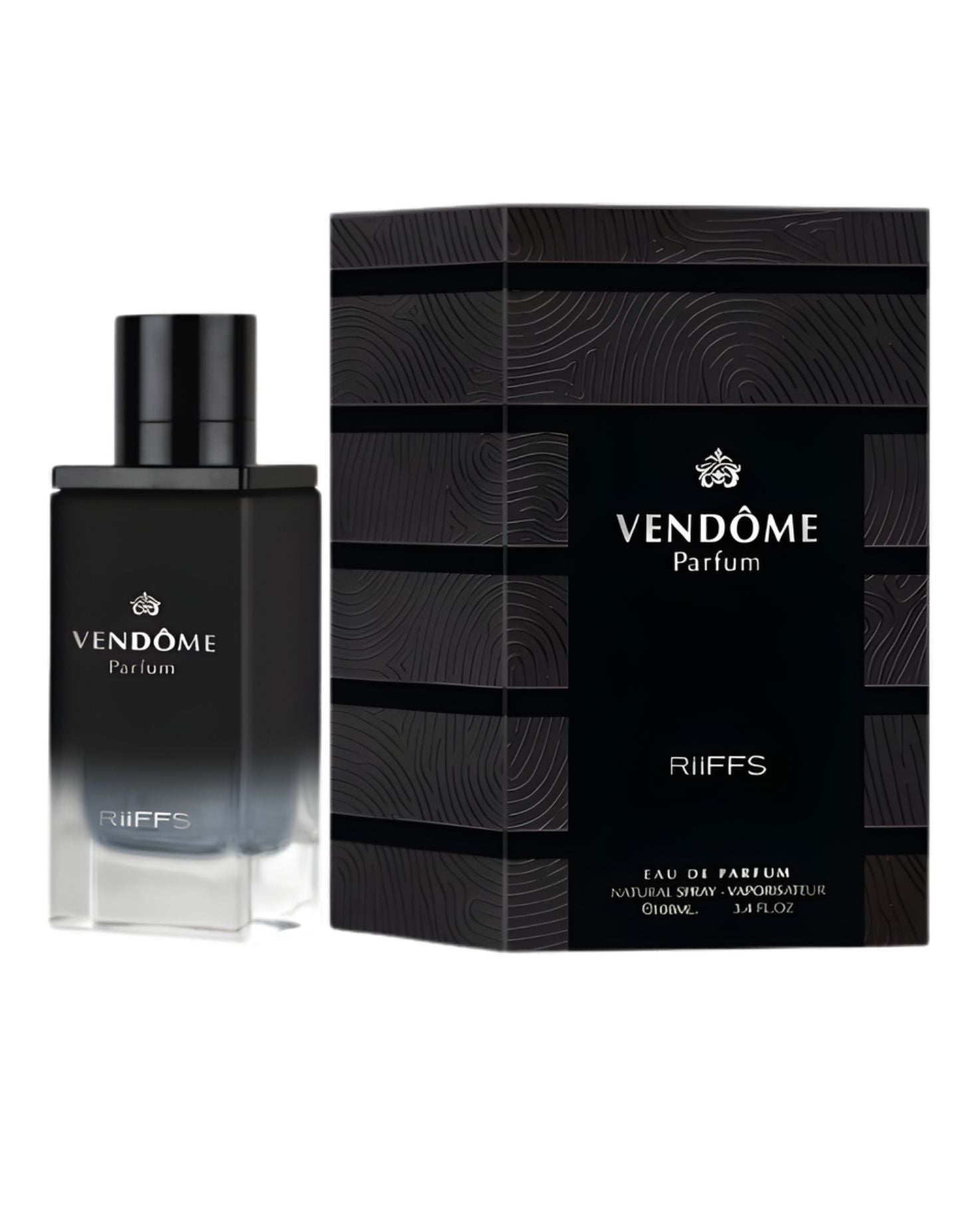 Riiffs Vendôme Eau De Parfum bottle next to its black, textured retail box.