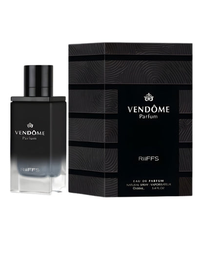 Riiffs Vendôme Eau De Parfum bottle next to its black, textured retail box.