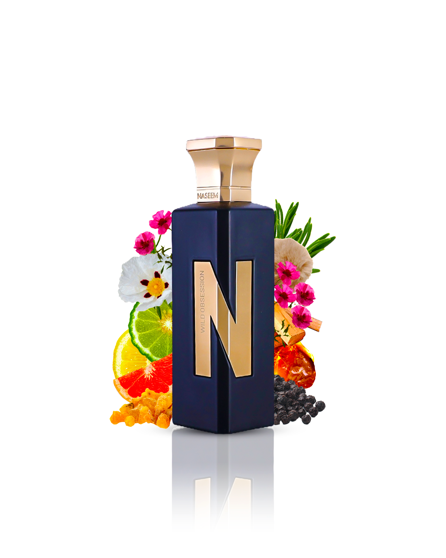 WILD OBSESSION perfume bottle encircled by frankincense, amber, and an assortment of flowers.