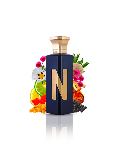 WILD OBSESSION perfume bottle encircled by frankincense, amber, and an assortment of flowers.