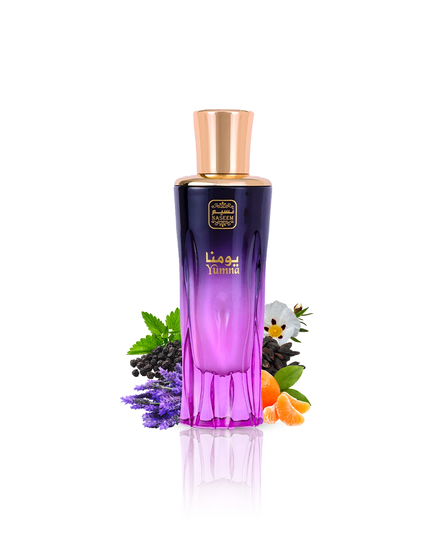 Yumna perfume bottle tastefully enveloped by its signature ingredients of Tonka Beans, Musk, Lavender, and Patchouli.