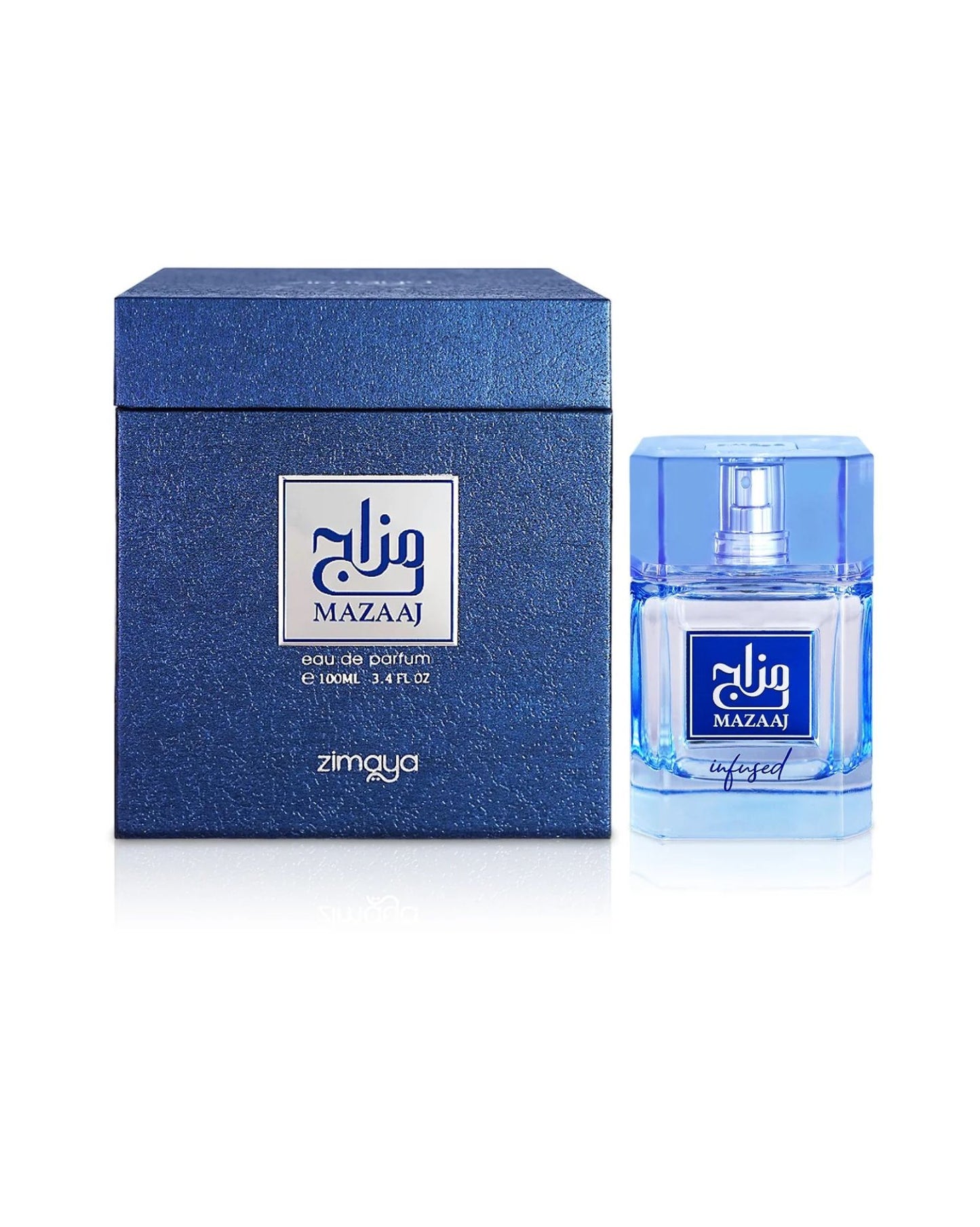 A blue, speckled perfume box from the brand Zimaya, shown next to the Mazaaj Infused Edp Infused fragrance bottle. The box features a silver label with the Mazaaj name in Arabic and English, indicating it is a 100ml Eau de Parfum. The light blue glass bottle has a matching label and blue cap.