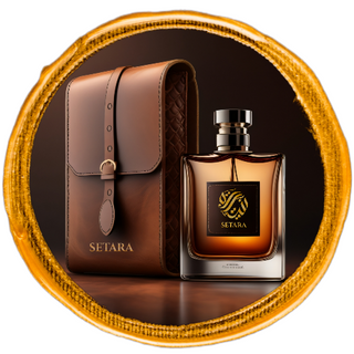 a perfume bottle situated beside a brown leather shoulder bag.
