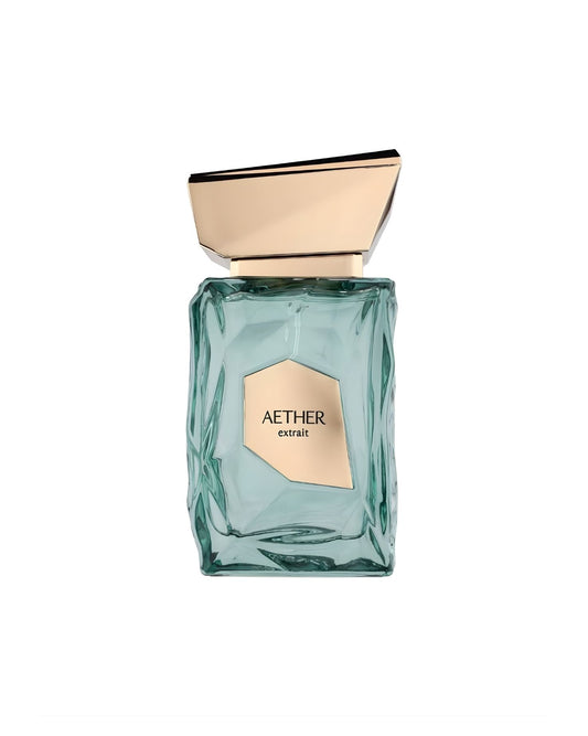 Aether Extrait de Parfum by french avenue in a geometric teal glass bottle with a gold cap.