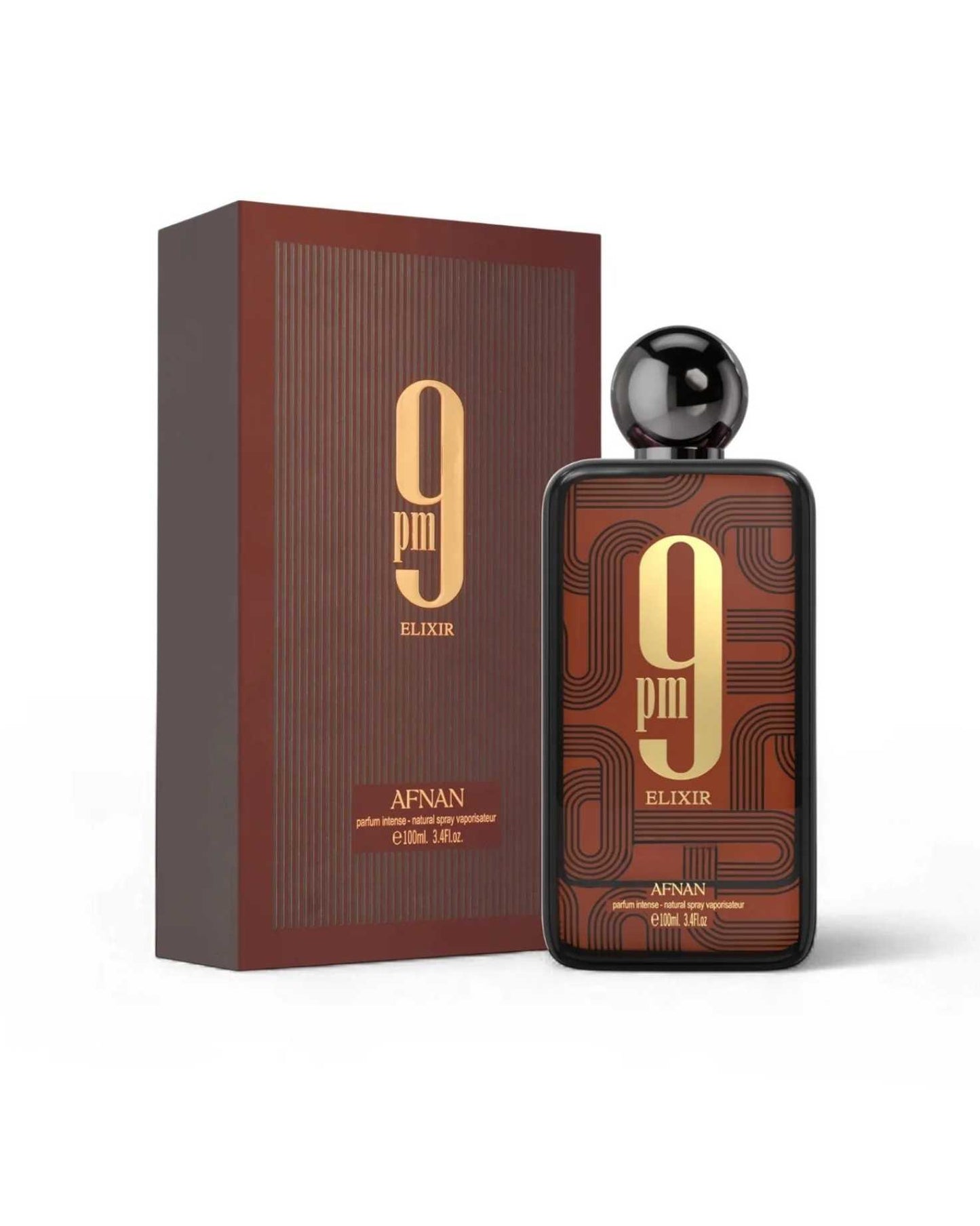 Afnan9PM ELIXIR EDP Parfum Intense 100ml bottle standing next to its original burgundy and gold presentation box.